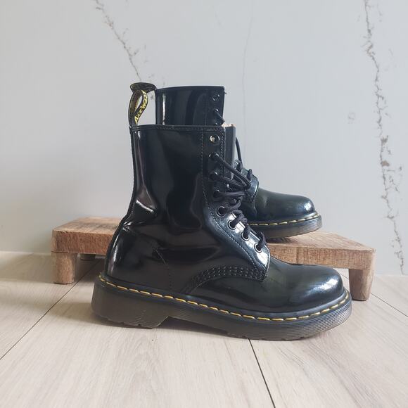 Dr Martens Boots Womens 6 Black Combat Leather Lace Up Full Gloss 1460 Style - Picture 2 of 5